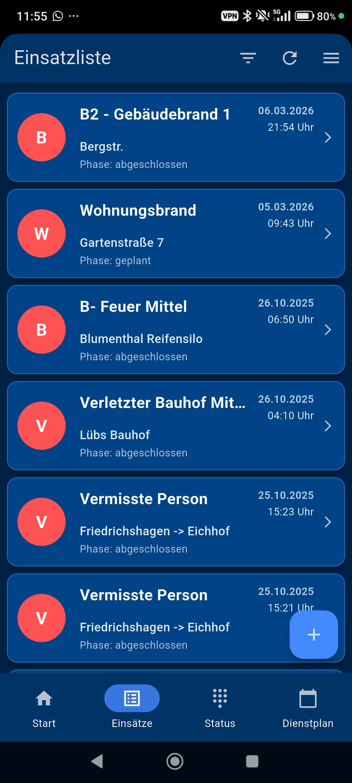 BF-Tag App – Liste der geplanten Einsätze